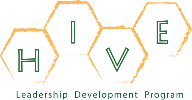 The four letters of H.I.V.E. (Healing, Inspiration, Voice and Equity) appear in hexagonal shapes. This is the HIVE program logo.