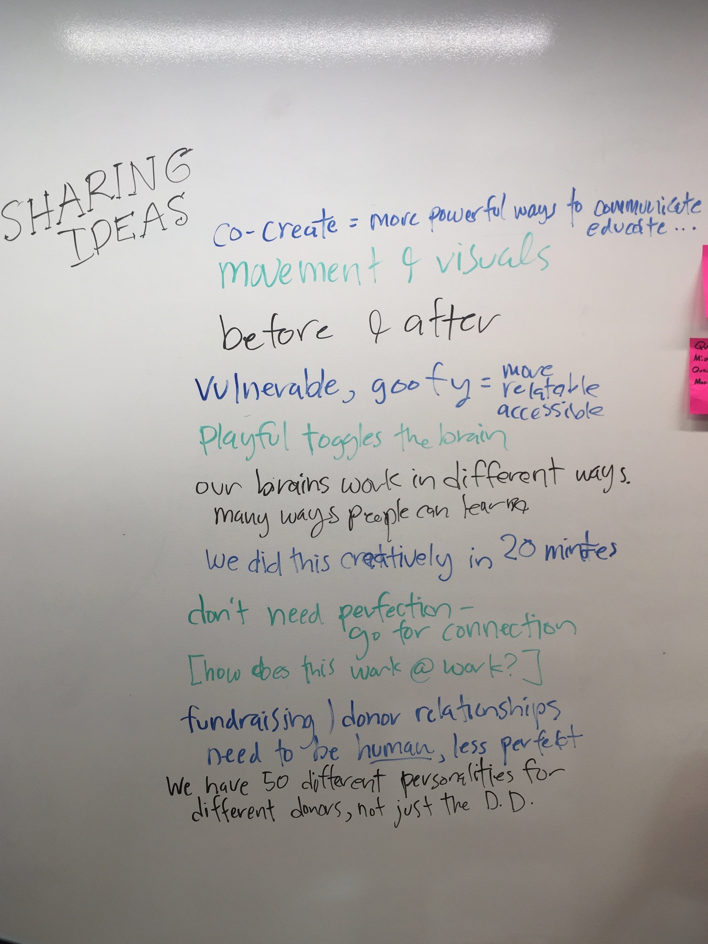 A list of ways to share ideas written in colored marker on a white board, including "Co-create, Movement & Visuals, Don't Need Perfection, Go For Connection..." etc